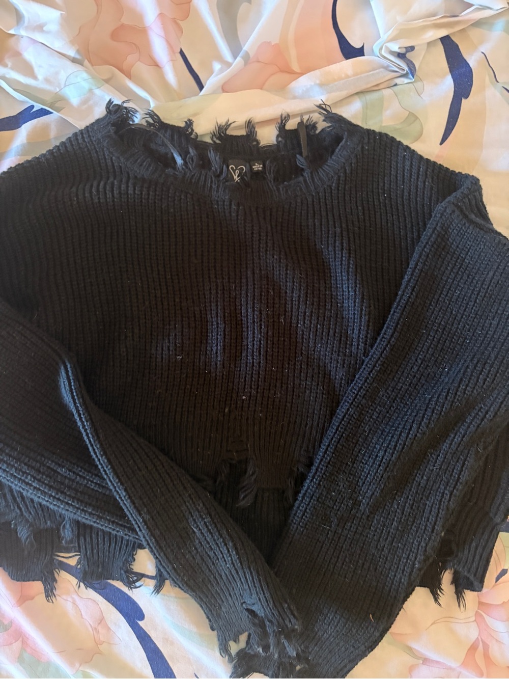 Windsor Black Distressed Cropped Crewneck Sweater